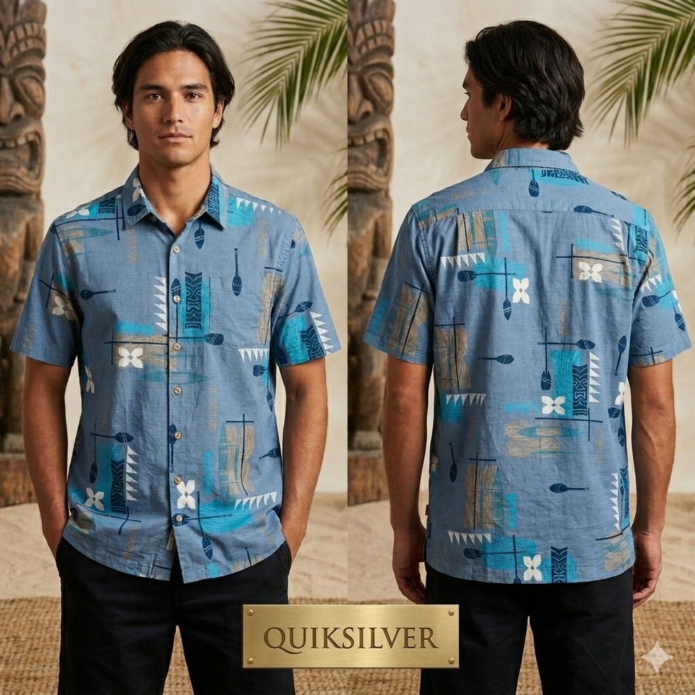 Quiksilver Waterman Post Moderns Blue‎ Tiki Tribal Print Button Down Shirt Men M